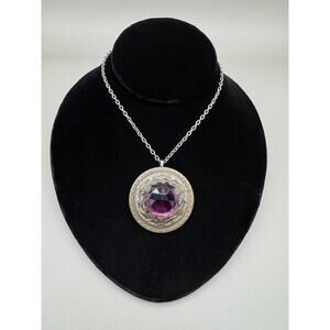 Antique Gay 90s Button Amethyst Glass Pendant Necklace